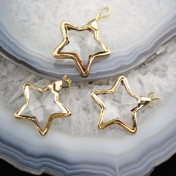 5-10pcs Star Shaped Bezel Glass Crystal Pendants Crafts Earrings,Faceted Clear Glass Gold Plated Edged Charms Necklace Wholesale 35mm