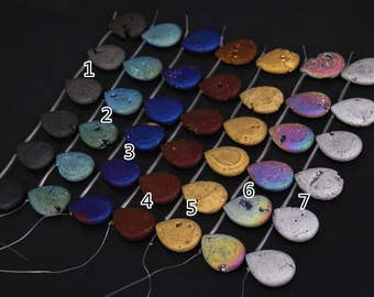 7 color choice,22x30mm 6pcs strand Titanium Druzy Agate Teardrop Loose Beads,Natural Stones Top Drilled Raw Drusy Geode Pear Shape Pendants