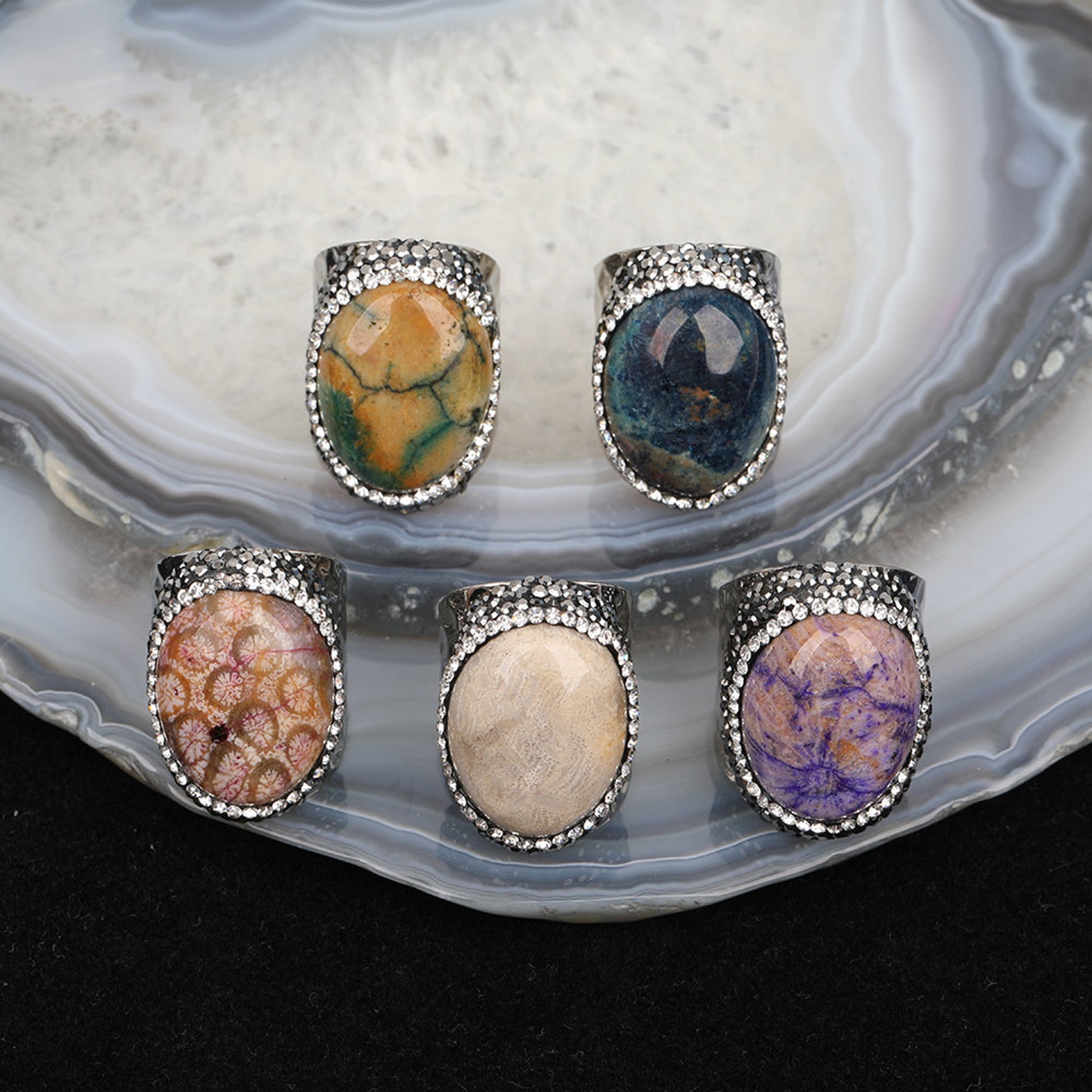 35pcs Natural Color Coral Jade Gemstones Silver Rings Etsy