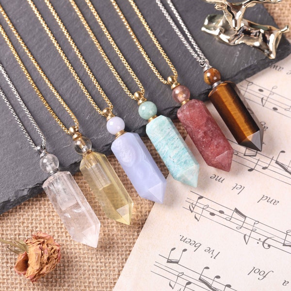 Natural Stones Perfume Bottle Gold Stainless Steel Chain Necklace,Faceted Hexagon Points Gems Perfume Essential Oil Open Bottle Necklace