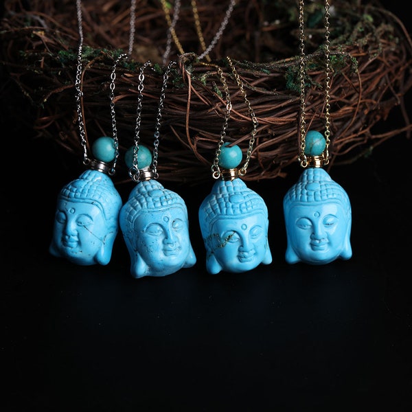 Blue Turquoise Buddha Perfume Bottle Chain Necklace,Stone Buddha Pendant Essential Oil Bottle Necklace