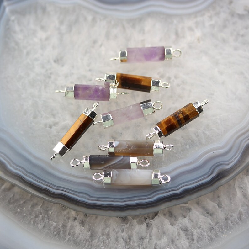 3 Stones choice,Agate Amethyst Tiger Eye Cylinder Circle Tube Beads Pendant,Silver Plated Double Bail Connector Pendant Jewelry Suppler