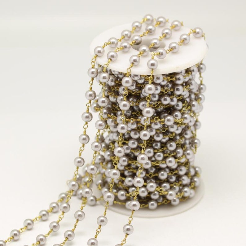 10Feet HOT Silver Grey Pearl Glass Round Beads Rosary Chains,6mm Smooth Pearl Wire Wrapped Bronze Plating Chains Findings