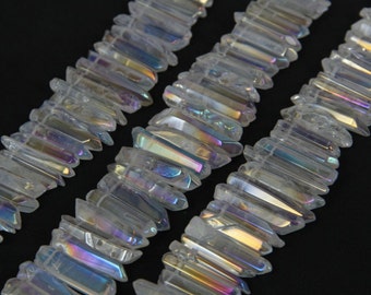Polished White Mystic Titanium AB Quartz Points strand,Top Drilled Raw Crystals Graduated Stick Beads,Gemstone Beads Bulk Pendants Jewelry