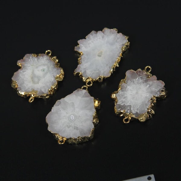 Beautiful Shinning White Geode Slice Druzy Pendant Connector Charms Electroplated in gold - Druzy Agate Slice Connector Pendant AGSP