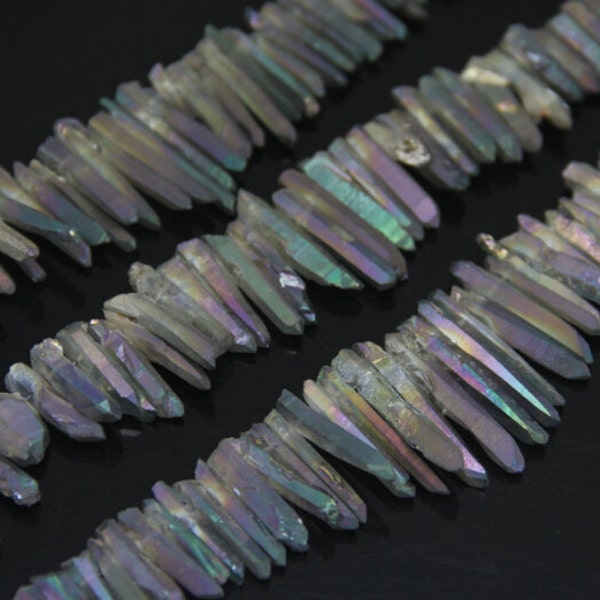 Tiny Rainbow Mystic Titanium AB Quartz Graduated Top Drilled Points strand,Raw Crystals Sticks Bulk,Rough Quartz Gemstones Charms Necklaces