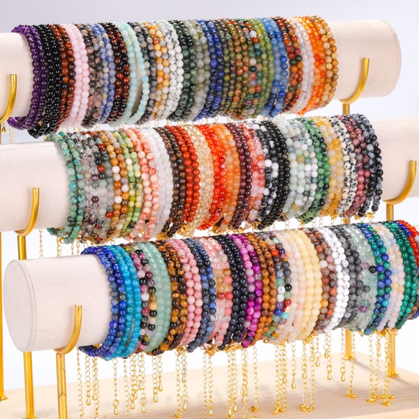 70 Kinds Natural Crystal Bracelets 4mm Round Smooth Beads,Stainless Steel Chain Bracelet/Anklet,Healing Crystal, Quartz Bracelet