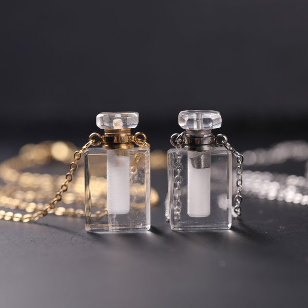 Clear Quartz Perfume Bottle Pendant Fine Jewelry,Natural Stone Gold Chain Necklace,Healing Crystal Essential Oil Vial Rectangle Charm