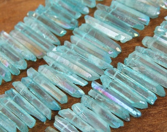 Sky Blue Mystic Titanium AB Quartz Stick Points strand,Rough Quartz Raw Crystals Top Drilled Gems Spike Pendants Supplies Necklace Wholesale