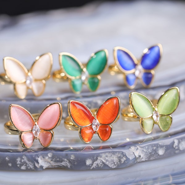 Cat Eye Butterfly Stone Rings / Plated 14K Gold / Adjustable / Colorful Statement 3D Ring Jewelry / Gift for Her / Aesthetic