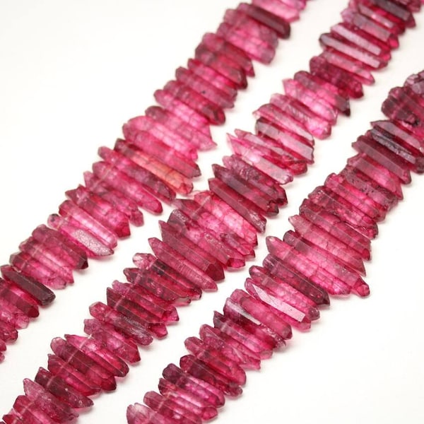Fushcia Red Quartz Points Frosted Dull Red Crystal Point Beads Graduated Rough Quartz Crystal Stick Spike Pendant Beads 15.5" full strand