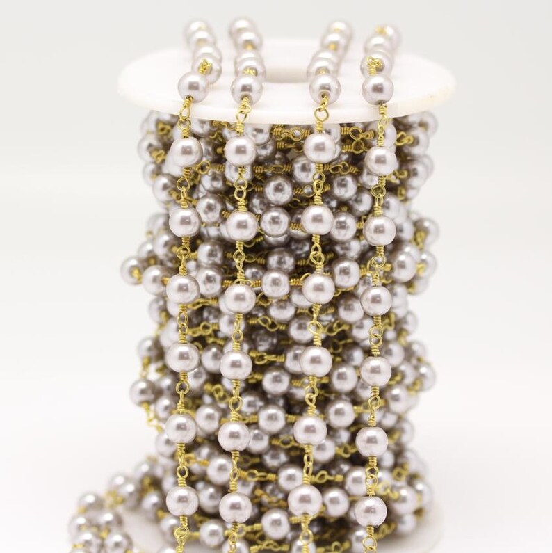 10Feet HOT Silver Grey Pearl Glass Round Beads Rosary Chains,6mm Smooth Pearl Wire Wrapped Bronze Plating Chains Findings