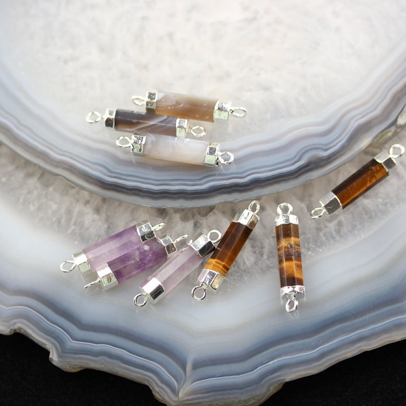 3 Stones choice,Agate Amethyst Tiger Eye Cylinder Circle Tube Beads Pendant,Silver Plated Double Bail Connector Pendant Jewelry Suppler