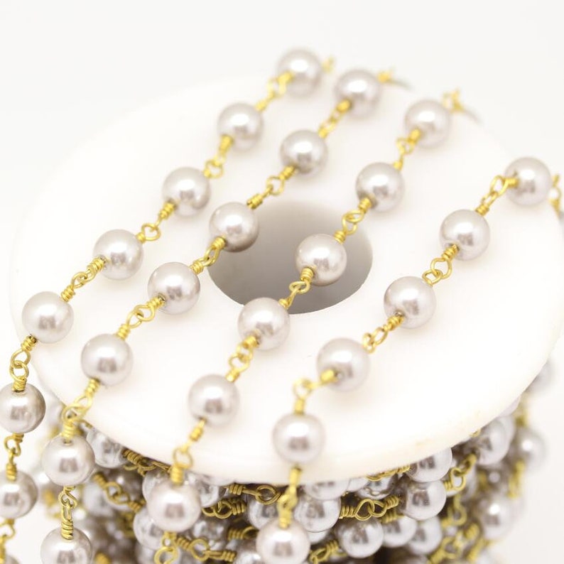 10Feet HOT Silver Grey Pearl Glass Round Beads Rosary Chains,6mm Smooth Pearl Wire Wrapped Bronze Plating Chains Findings