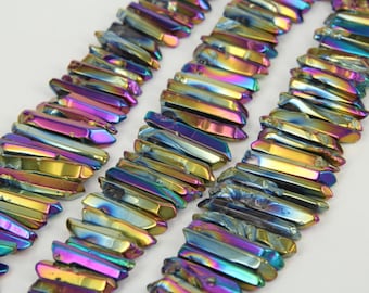 Polished Rainbow Titanium Quartz Stick Beads Pendants Strand Bulk,Raw Crystals Gemstone Points Beads Necklaces Charms Jewelry
