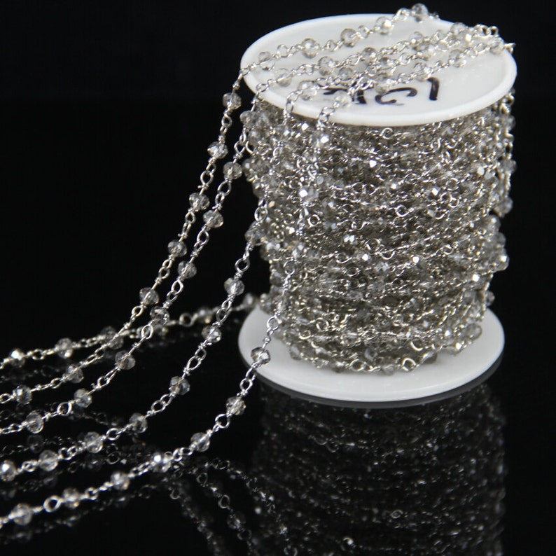 Fashion Beading Supplies Chains,Gray Titanium Glass Crystal Plated Silver Wire Wrapped Link Faceted Rondelle Beads Jewelry Bracelet 10 feet
