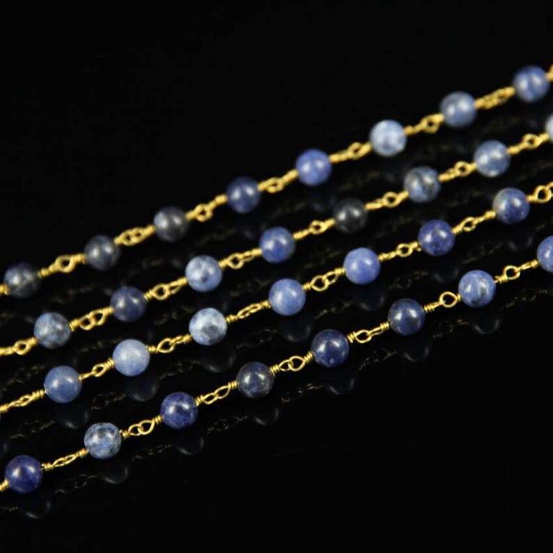 10 Feet Sodalite Gemstones Smooth Round Bead Chains,Blue Veins Stone Rosary Style Plated Gold Wire Wrapped Link Beaded Chain Craft Necklace
