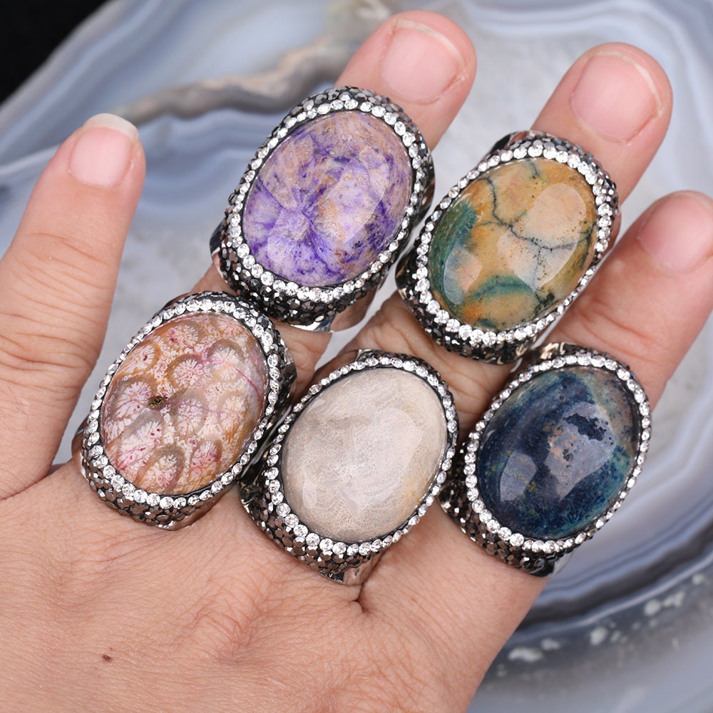 35pcs Natural Color Coral Jade Gemstones Silver Rings Etsy