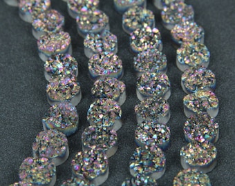 Natural Rainbow Titanium Druzy Agate Flat Round Beads Pendant Jewelry,Drilled Drusy Quartz Drilled Coin Cabochons Bulk 12mm&16pcs