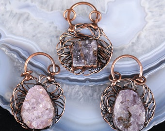 Natural Amethyst Antique Copper Hoop Pendants,Rough Quartz Druzy Drusy Charms Necklace Retro Bronze Women Jewelry Making