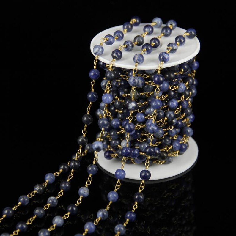 10 Feet Sodalite Gemstones Smooth Round Bead Chains,Blue Veins Stone Rosary Style Plated Gold Wire Wrapped Link Beaded Chain Craft Necklace