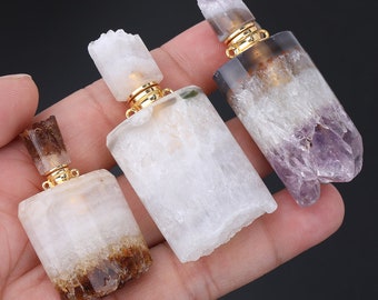 Rock Quartz Perfume Bottle Stones Pendant Necklace Jewelry,Raw Crystals Open Perfume Charms Essential Oil Vial Beaded Gold Chain Necklaces