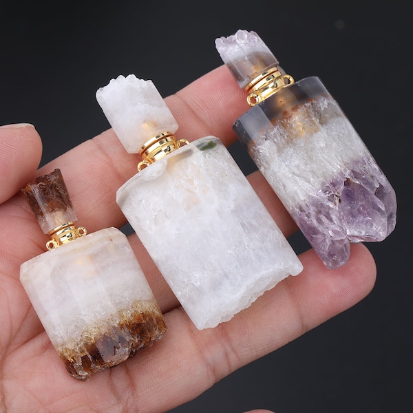 Rock Quartz Perfume Bottle Stones Pendant Necklace Jewelry,Raw Crystals Open Perfume Charms Essential Oil Vial Beaded Gold Chain Necklaces