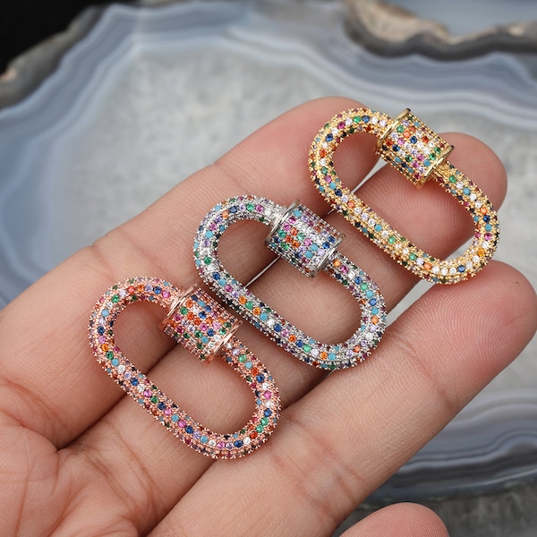1-5pcs Colourful Zircon Clasps Findings,Open Clasp Paved CZ Beads Charms for Jewelry Making,Carabiner Screw Clasps,Oval Lock Clasps
