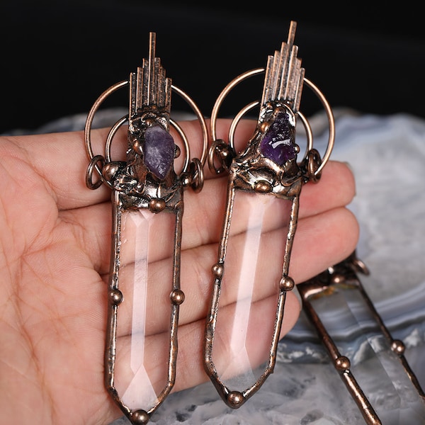 Crystal Bronze Soldered Pendants and Charms,Large Hexagon Point Healing Crystal bar Paved Amethyst Gemstone Pendant for Necklace Dropship