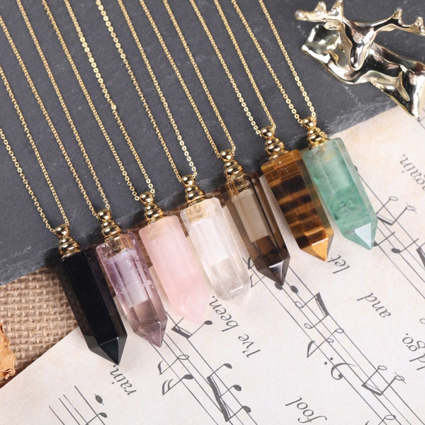 New Stick Point Pendant Perfume Bottle Necklace Chakra Jewelry Gifts,Gold Healing Crystals Natural Stone Vial Necklace Wholesale