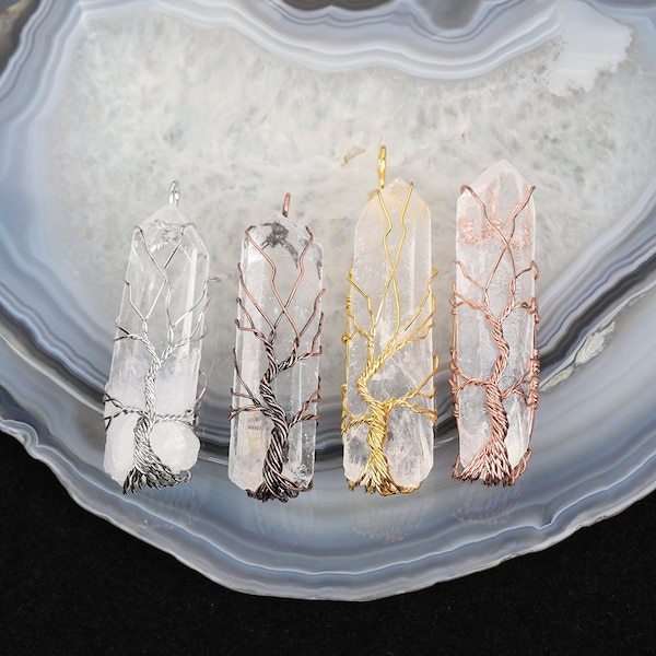 3-10pcs Long Stick Quartz Point Pendant Handmade Jewelry,Wire Wrapped Copper Tree of Life Crystal Charm Beading Necklace Clear Crystal Point