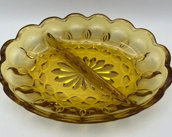 Vintage Indiana Glass Co Amber Kings Crown Fingerabdruck Oval Geteiltes Relish / Candy / Servierplatte 18 cm