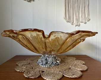 Vintage XL Amber Murano Art Glass Pedestal Centerpiece Amber Ruffle Rim Silver Metal Fruit Base Large 29”