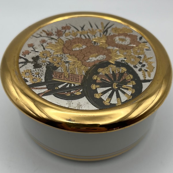 The Art of Chokin Vintage 24 kt Gold Edged Porcelain Trinket Box With Lid, Made in Japan Floral Wagon Wheel