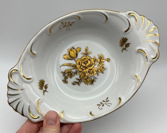 Vintage Kasuga Ware Oval behandelt Porzellan Servier / Schmuckstück / Candy Dish Weißgold Blumen Vergoldete Akzente 8,5 ”