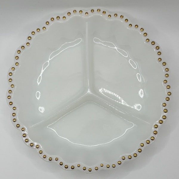 Vintage 1960’s Anchor Hocking Milk Glass 3 Compartment Divided Relish Dish Serving Tray Platter Gold Dots Edging 9.5” BEAUTIFUL!