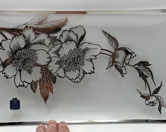 Vintage Rockwell Silver Co. Sterling Overlay Peony Motif Tray 13.75”