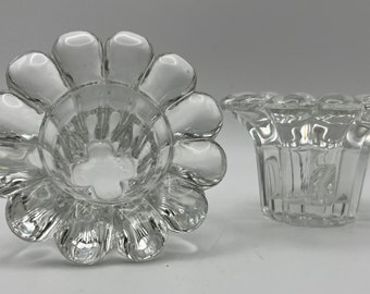 Set of 2 Vintage KIG Malaysia Clear Crystal Glass Flower Petal Taper / Votive Candle Holders, Pair