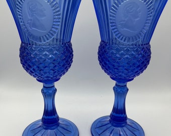 Vintage Set of 2 Avon Cobalt Blue George Washington Wine Glasses \ Goblets \ Stemware