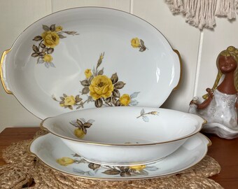 3 Piece Vintage 1950s Cotillion by Sango Made in Japan Yellow Rose Coupe Large Platter Serving Set Excellent Condition!