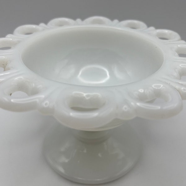 Vintage Anchor Hocking Old Colony Lace Edge Milk Glass Serving Bowl Compote Pedestal Small 1950s 1960s