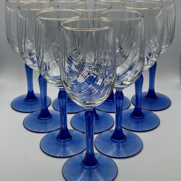 Set of 10 Libbey / Lenox Drape Dual Swag Optic Crystal Clear Blue Wine Glasses Gold Rim 1980s