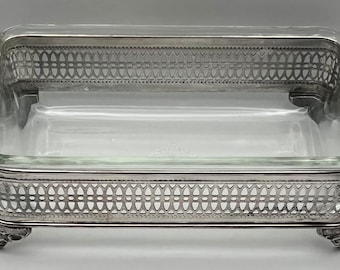 Vintage Anchor Hocking Fire King Glass Bread / Loaf Pan 1qt Siverplated Ornate Holder Stand Set USA Excellent Condition!