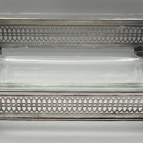 Vintage Anchor Hocking Fire King Glass Bread / Loaf Pan 1qt Siverplated Ornate Holder Stand Set USA Excellent Condition!