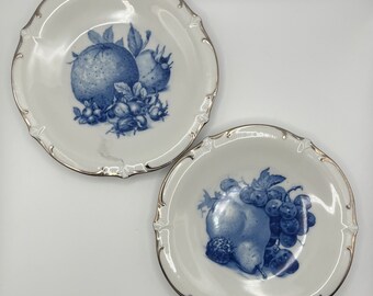 Lot de 2 assiettes à fruits Schumann Echt, bleu cobalt, bords platine