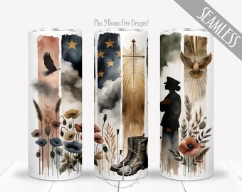Patriotic Black American Woman Veterans Day Sublimation PNG For 20 oz Seamless Skinny Tumblers, Black Military Woman, USA Poppy Tumbler Wrap