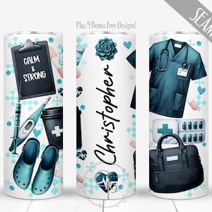 May include: A white tumbler with medical-themed illustrations. Designs include a clipboard with "Calm & Strong", medical scrubs, a stethoscope, a medical bag, and a name in black script. Accents include teal hearts and medical symbols.