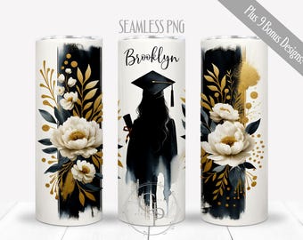 Gold Black Graduation PNG For 20 oz Skinny Straight Tumbler, Junior High School Sublimation, Senior College Graduate, Girl Add Name, Digital