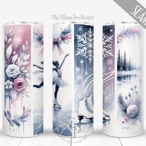 Peut inclure: Trois gobelets blancs avec des motifs aquarelles sur le thème de l'hiver. L'un présente des fleurs, un autre une ballerine sur des patins à glace et le troisième un paysage hivernal. Les motifs comprennent des éléments roses, bleus et blancs, avec le texte "Plus 9 Bonus Free Designs!" et "SEAMLESS".