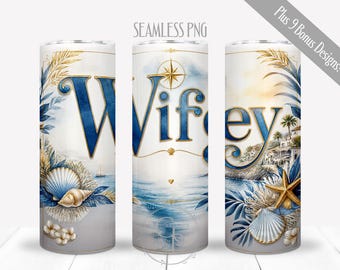 Hubby Wifey PNGs For 20 oz Skinny Straight Tumblers, His And Hers Wrap, Coastal Watercolor Design, Husband Wife Beach Sublimation, Digital